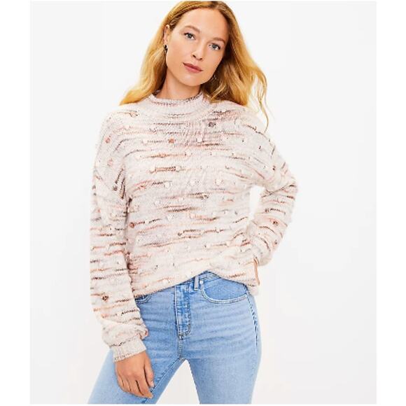 LOFT NWT Mock Neck Bobble Ivory Brown Sweater // S - Picture 1 of 9